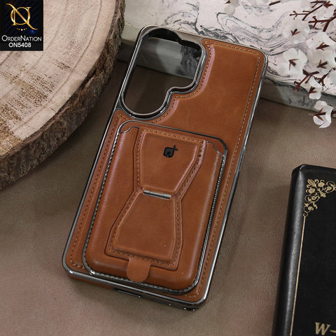 Samsung Galaxy S26 Ultra - Brown - Rimbmax Premium Leather Protective Case With Portable Folding Bracket Card Holder