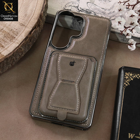 Samsung Galaxy S26 Ultra - Gray - Rimbmax Premium Leather Protective Case With Portable Folding Bracket Card Holder