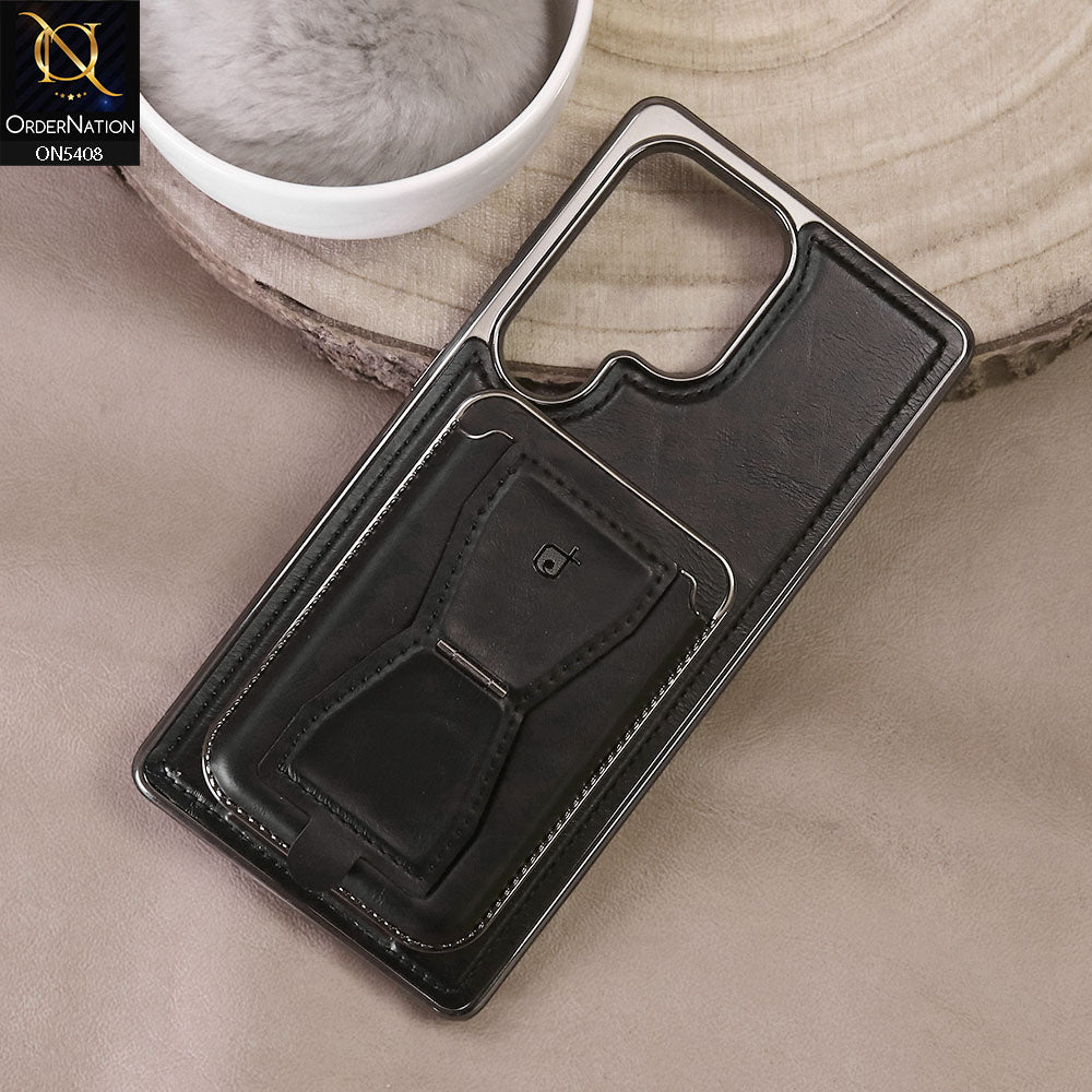 Samsung Galaxy S25 Ultra Cover - Black - Rimbmax Premium Leather Protective Case With Portable Folding Bracket Card Holder