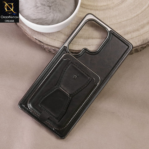 Samsung Galaxy S25 Ultra Cover - Black - Rimbmax Premium Leather Protective Case With Portable Folding Bracket Card Holder