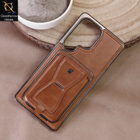 Samsung Galaxy S25 Ultra Cover - Brown - Rimbmax Premium Leather Protective Case With Portable Folding Bracket Card Holder