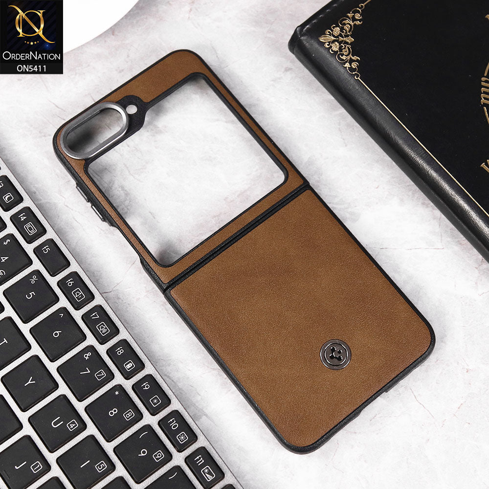 Samsung Galaxy Z Flip 5 Cover - Brown -  New Leather Texture Style ShockProof Hard Shell Case