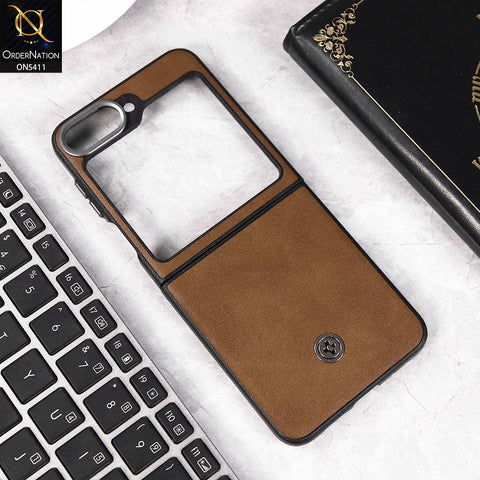 Samsung Galaxy Z Flip 5 Cover - Brown -  New Leather Texture Style ShockProof Hard Shell Case