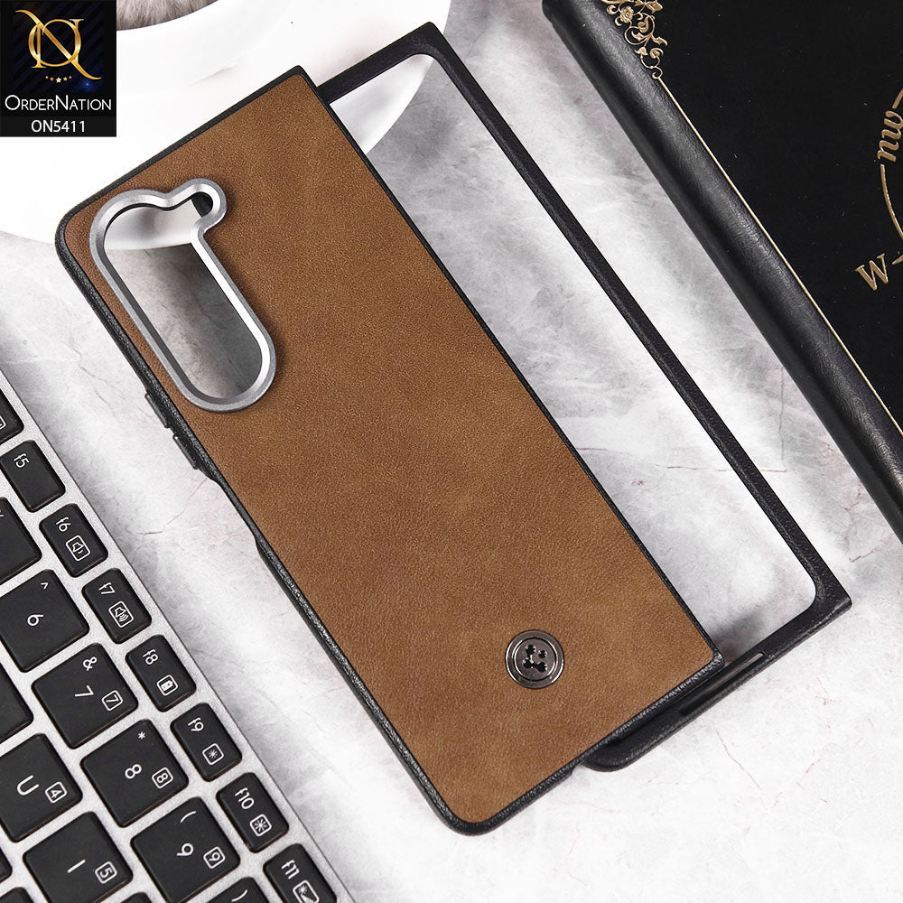 Samsung Galaxy Z Fold 5 5G Cover - Brown -  New Leather Texture Style ShockProof Hard Shell Case