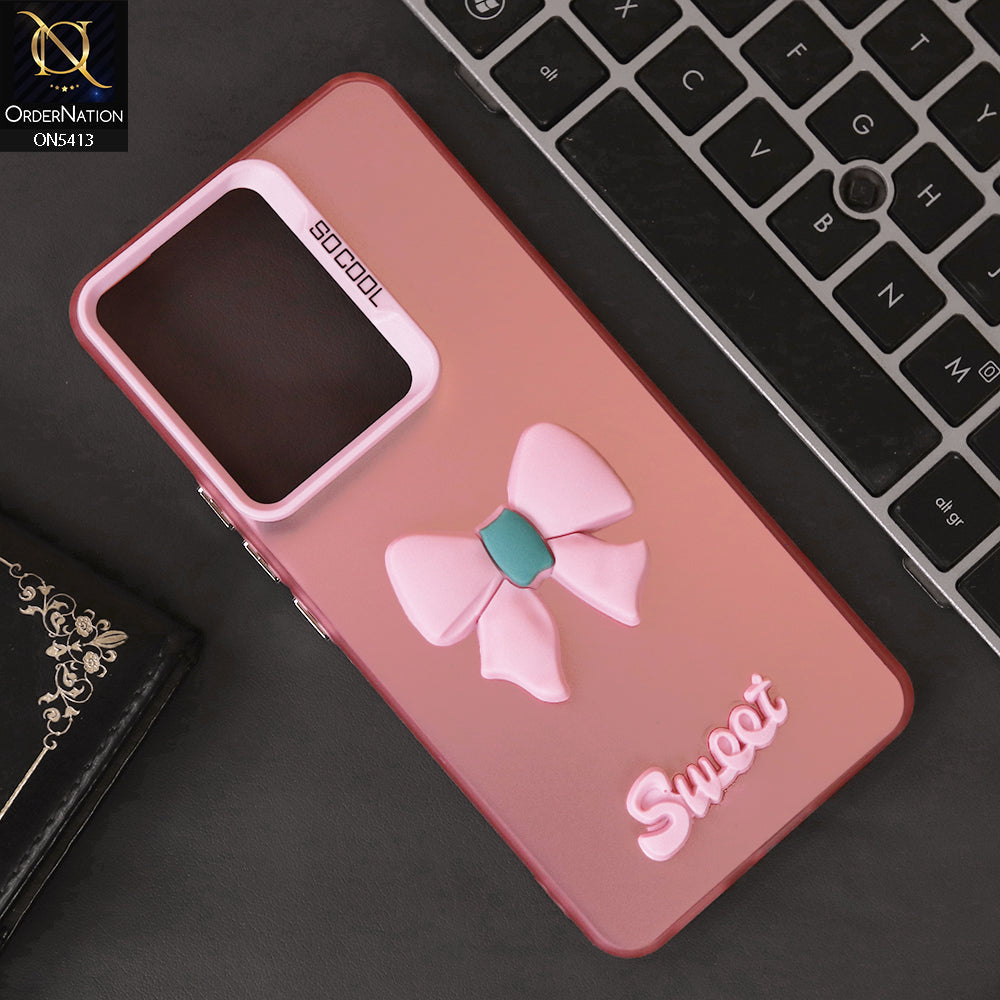 Vivo Y200 Cover - Pink - New Matte Color Gradient Shine With Cute 3D Bow Knot Soft Borders Protective Case