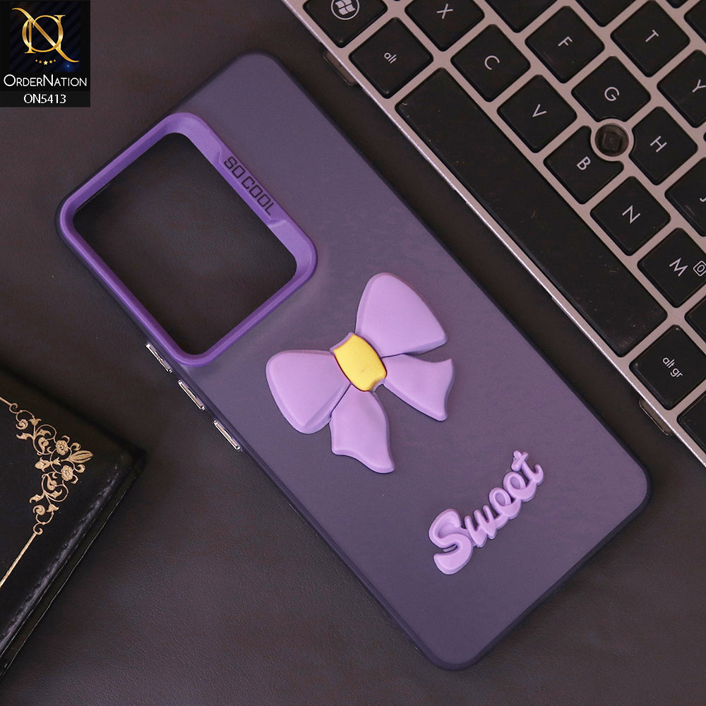 Vivo Y200 Cover - Purple - New Matte Color Gradient Shine With Cute 3D Bow Knot Soft Borders Protective Case