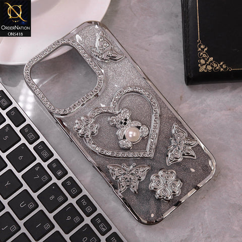 IPhone 15 Pro Max Cover - Silver - Luxury Shiny Diamond 3D Butterfly Glitter with Love Heart Case