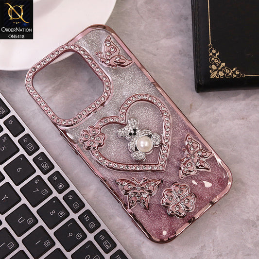 IPhone 16 Pro Cover - Rose Gold - Luxury Shiny Diamond 3D Butterfly Glitter with Love Heart Case