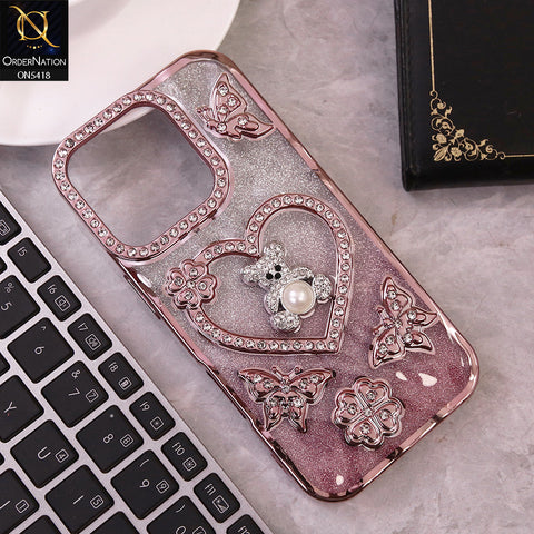 IPhone 16 Pro Cover - Rose Gold - Luxury Shiny Diamond 3D Butterfly Glitter with Love Heart Case