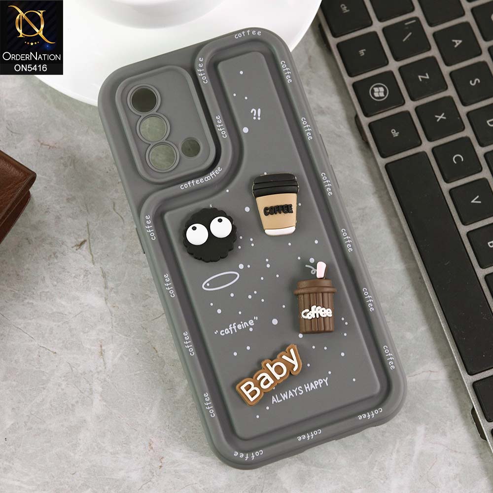 Oppo A95 Cover - Gray -  Cute 3D Cartoon Coffee Soft Silicon Case With Camera Protection