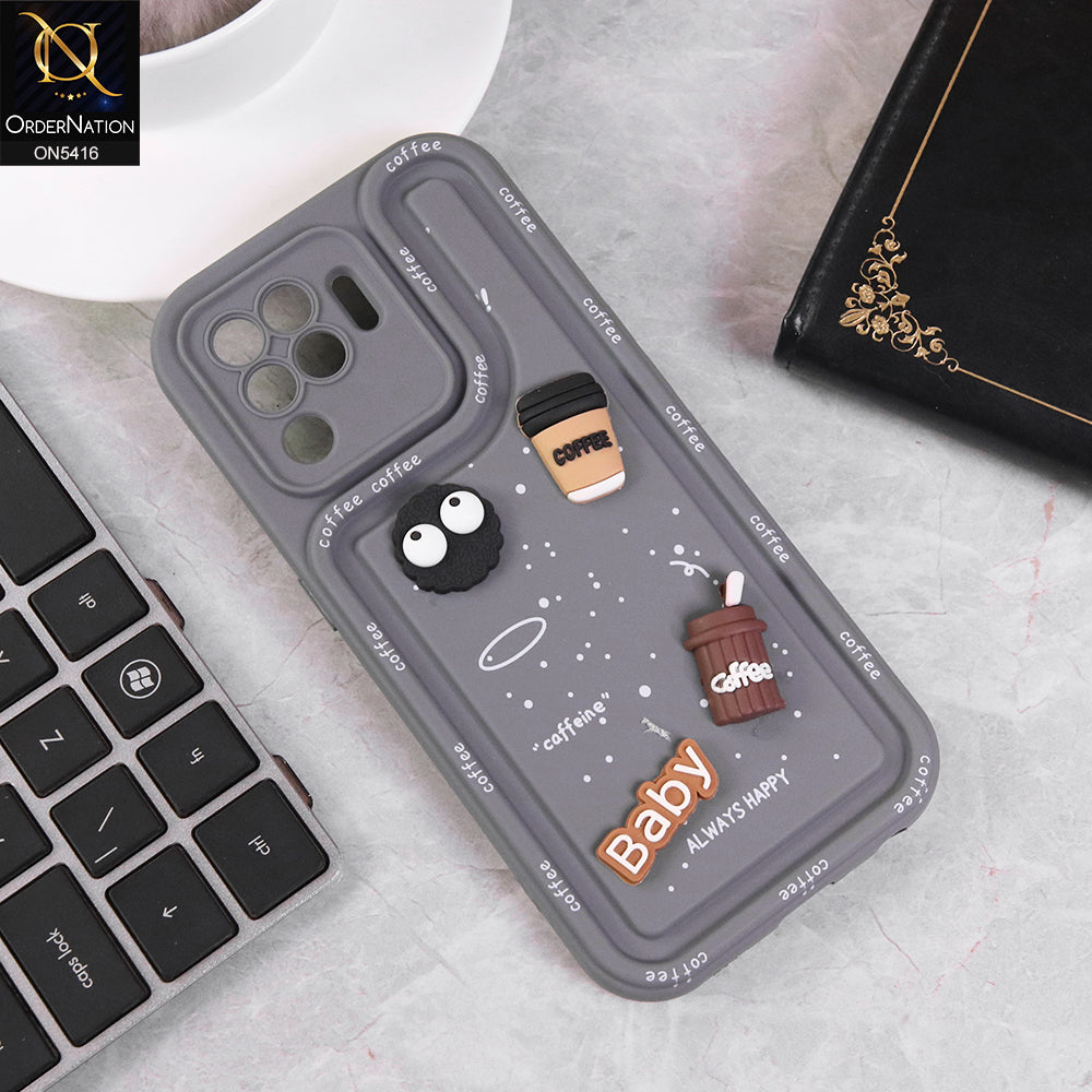 Oppo F19 Pro Cover - Gray - Cute 3D Cartoon Coffee Soft Silicon Case With Camera Protection