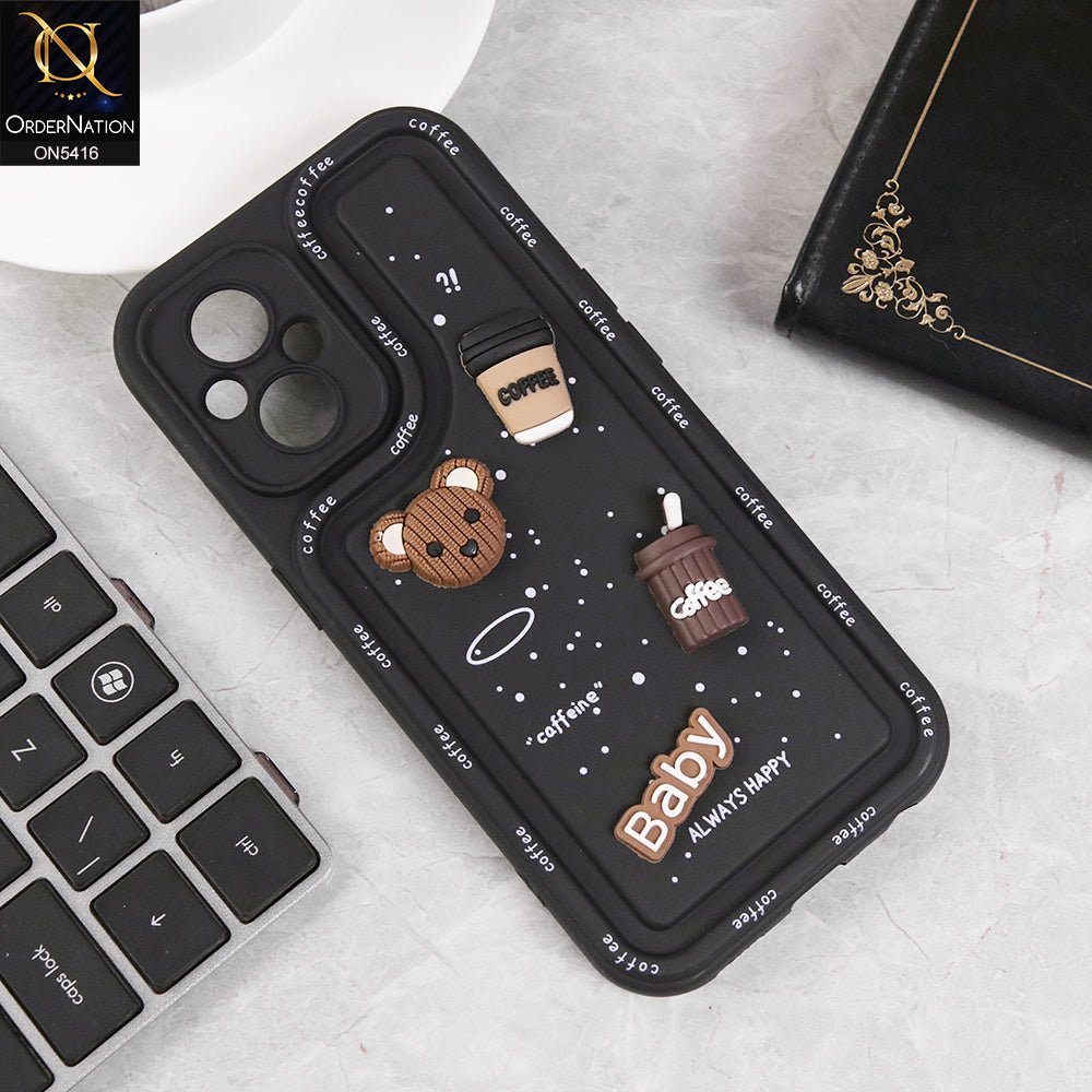 Oppo Reno 7 Lite Cover - Black - Cute 3D Cartoon Coffee Soft Silicon Case With Camera Protection