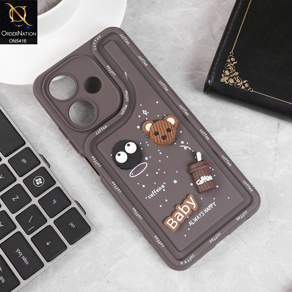 Infinix Hot 30 Cover - Brown - Cute 3D Cartoon Coffee Soft Silicon Case With Camera Protection