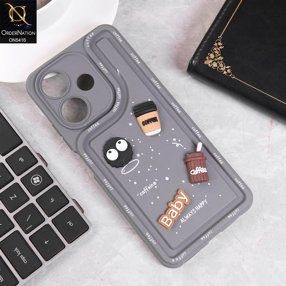 Infinix Hot 30 Cover - Gray - Cute 3D Cartoon Coffee Soft Silicon Case With Camera Protection