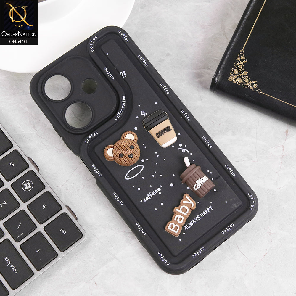Infinix Hot 30i Cover - Black - Cute 3D Cartoon Coffee Soft Silicon Case With Camera Protection