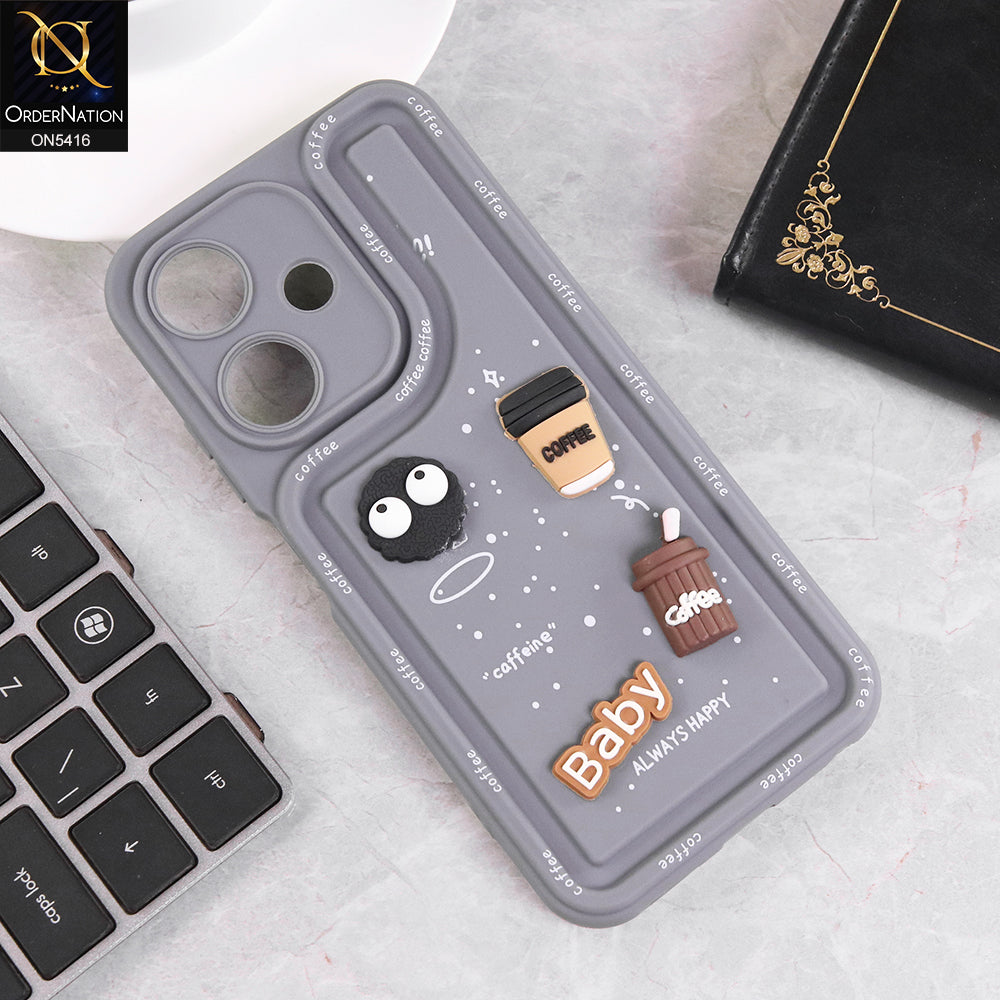 Infinix Hot 30i Cover - Gray - Cute 3D Cartoon Coffee Soft Silicon Case With Camera Protection