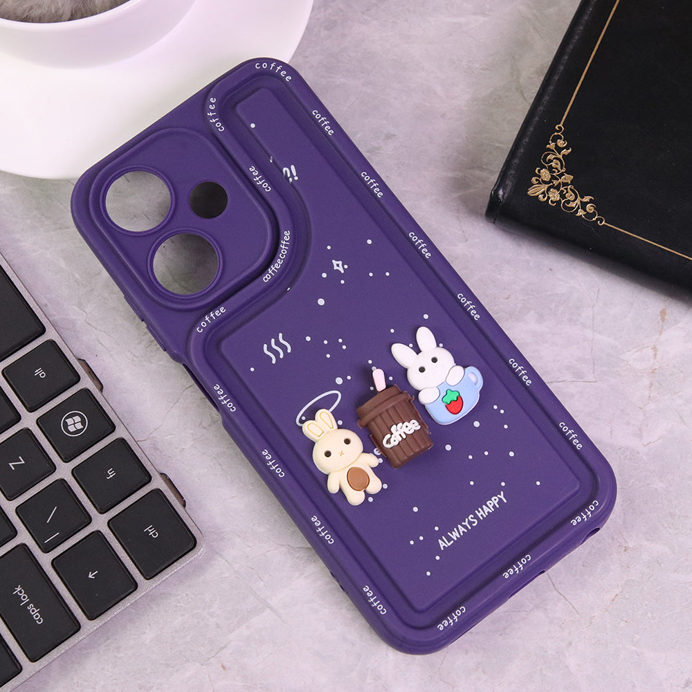 Infinix Hot 30 Play Cover - Purple - Cute 3D Cartoon Coffee Soft Silicon Case With Camera Protection