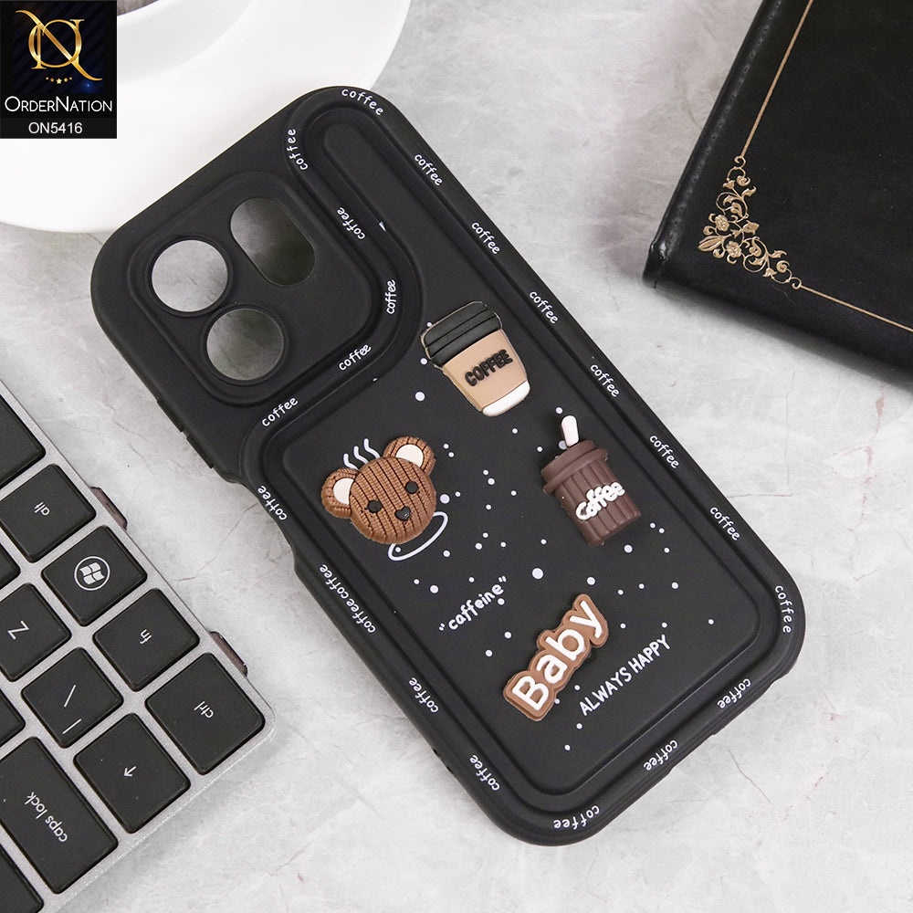 Infinix Hot 50i Cover - Black - Cute 3D Cartoon Coffee Soft Silicon Case With Camera Protection