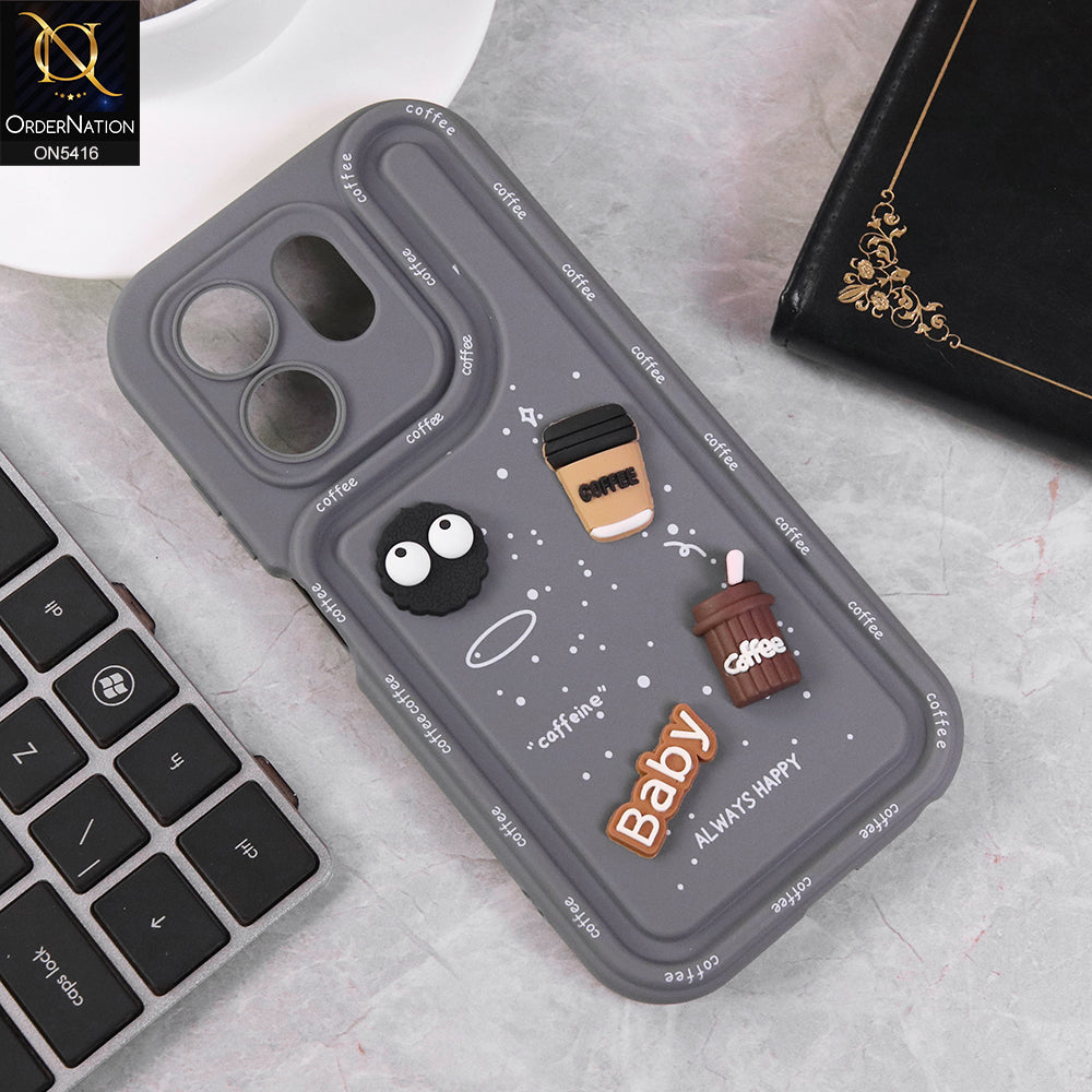 Infinix Hot 50i Cover - Gray - Cute 3D Cartoon Coffee Soft Silicon Case With Camera Protection