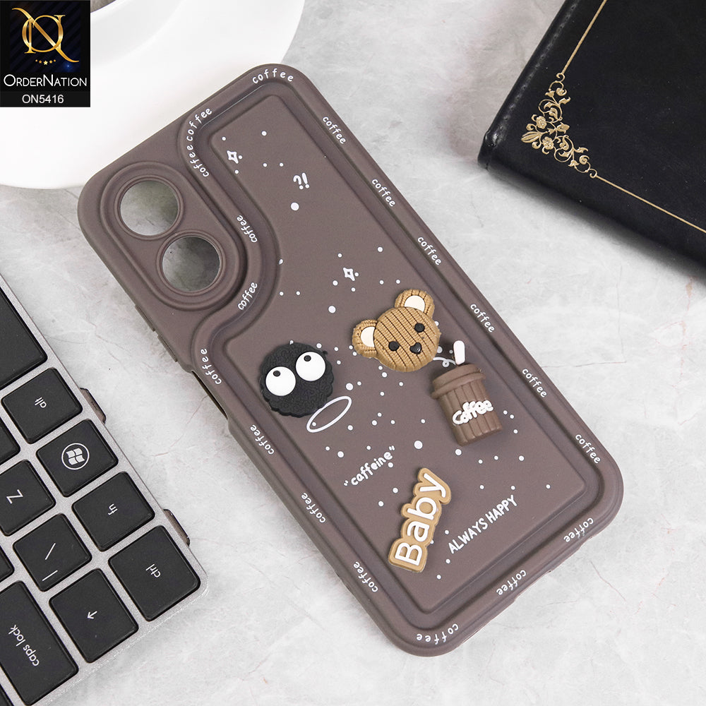 Oppo A17 Cover - Brown - Cute 3D Cartoon Coffee Soft Silicon Case With Camera Protection