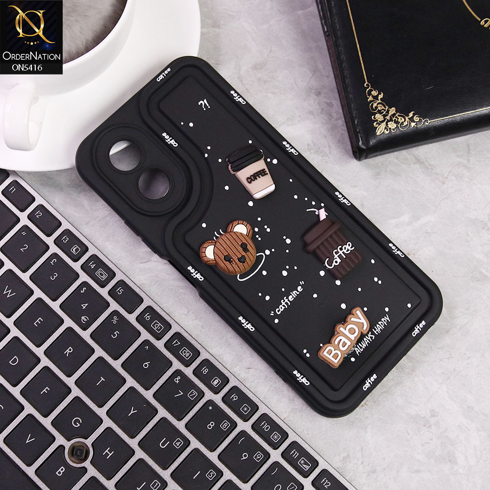 Oppo A38 Cover - Black -  Cute 3D Cartoon Coffee Soft Silicon Case With Camera Protection