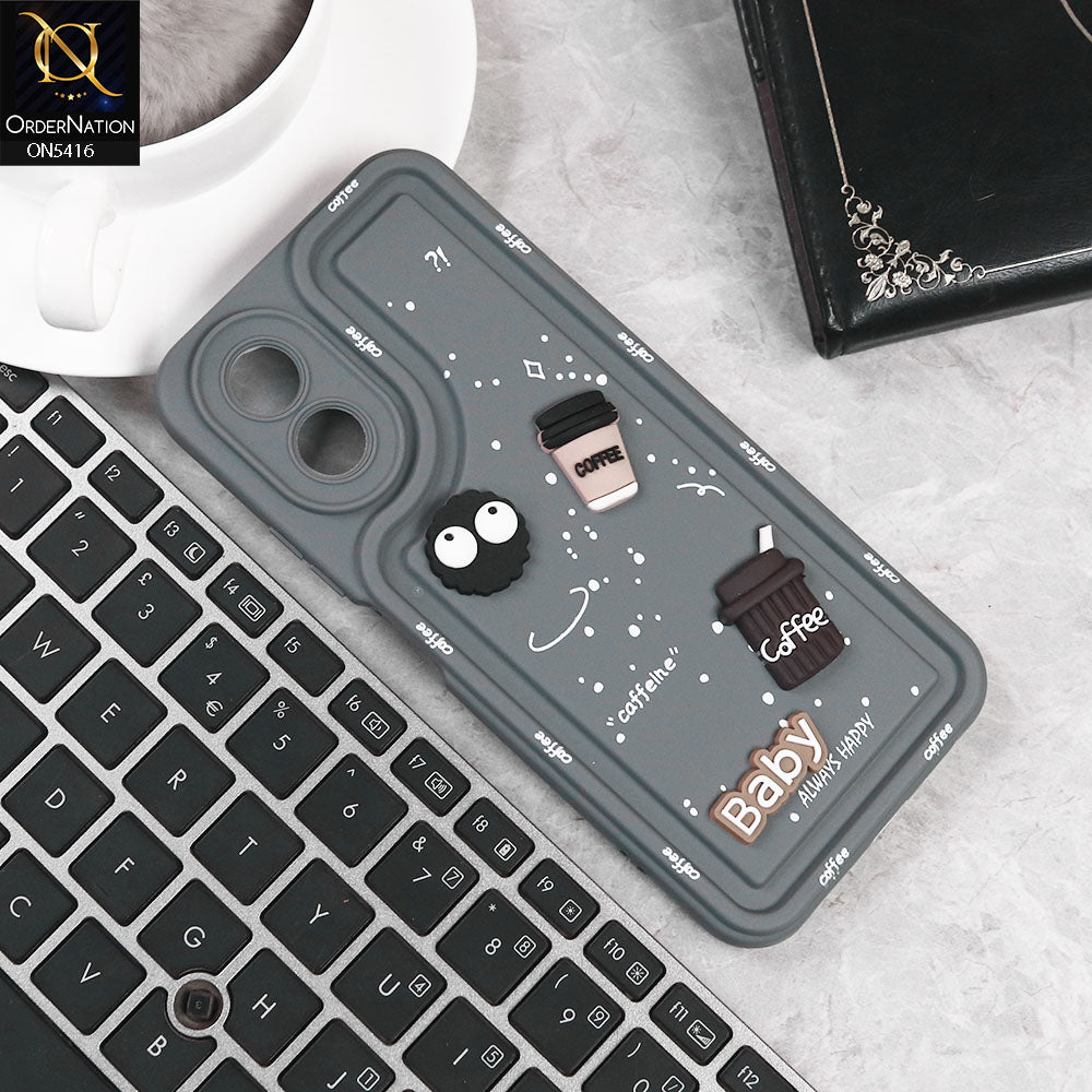 Oppo A38 Cover - Gray -  Cute 3D Cartoon Coffee Soft Silicon Case With Camera Protection