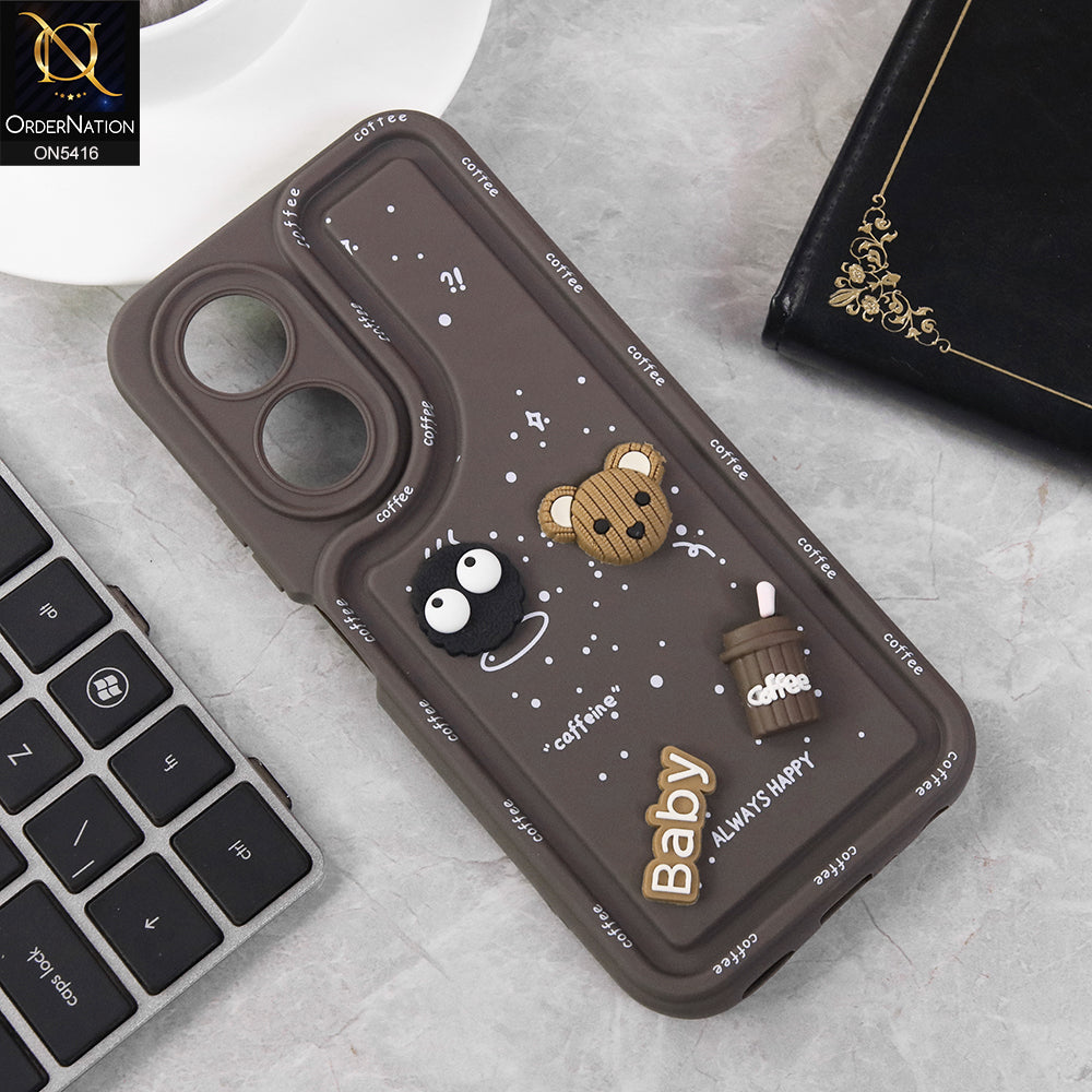 Oppo A58 4G Cover - Brown - Cute 3D Cartoon Coffee Soft Silicon Case With Camera Protection