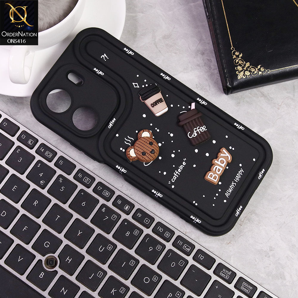 Xiaomi Redmi 13C Cover - Black -  Cute 3D Cartoon Coffee Soft Silicon Case With Camera Protection