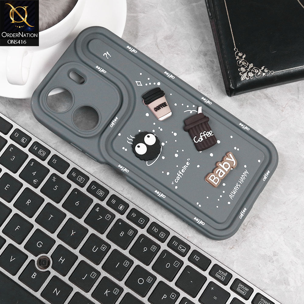 Xiaomi Redmi 13C Cover - Gray -  Cute 3D Cartoon Coffee Soft Silicon Case With Camera Protection
