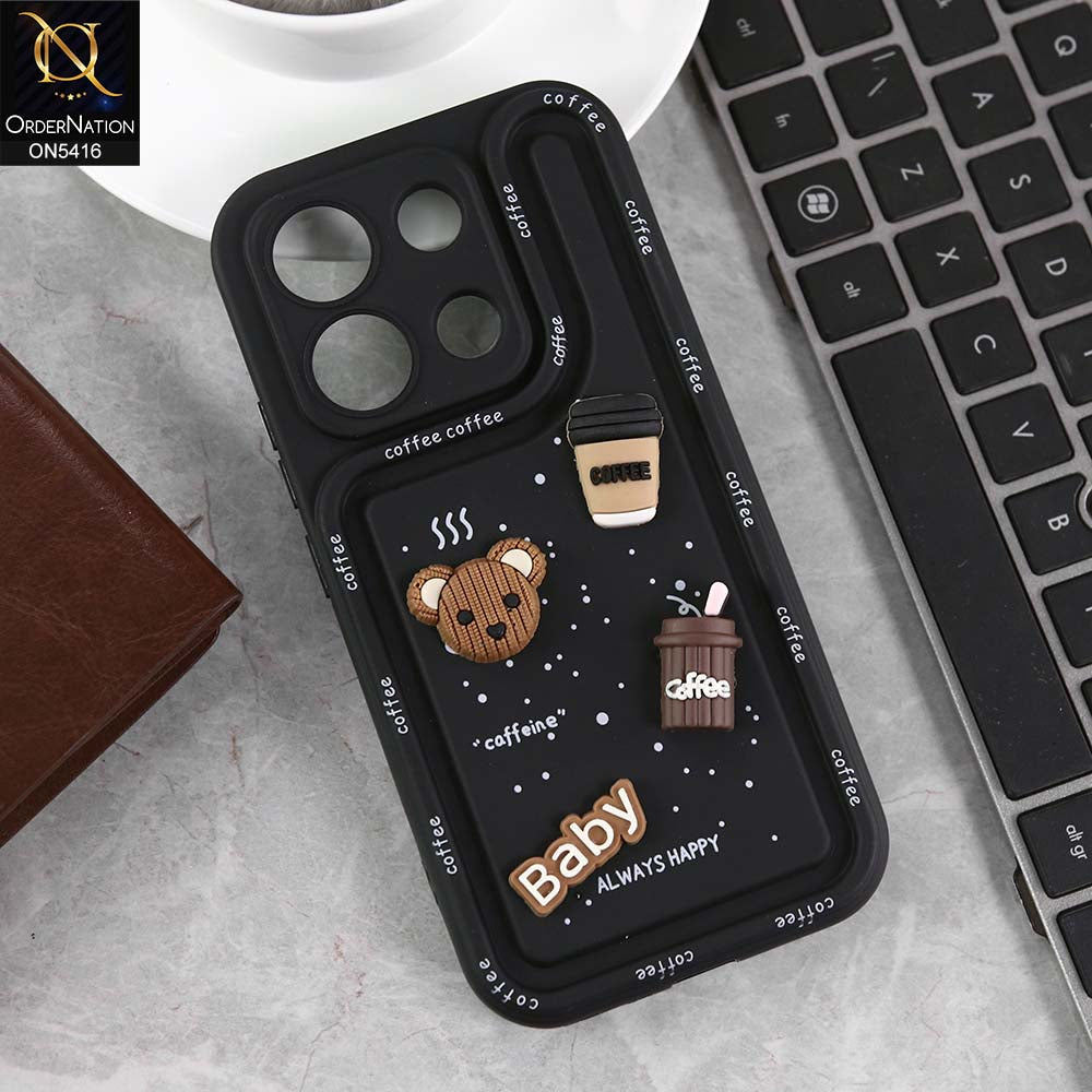 Xiaomi Redmi Note 13 Cover - Black -  Cute 3D Cartoon Coffee Soft Silicon Case With Camera Protection