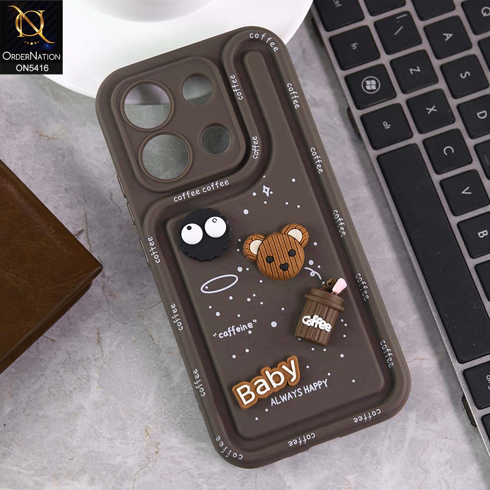 Xiaomi Redmi Note 13 Cover - Brown -  Cute 3D Cartoon Coffee Soft Silicon Case With Camera Protection
