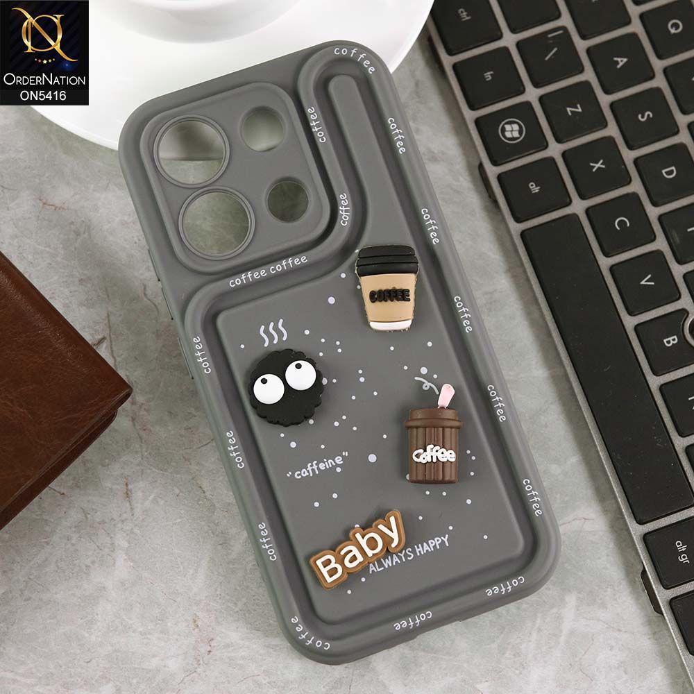 Xiaomi Redmi Note 13 Cover - Gray -  Cute 3D Cartoon Coffee Soft Silicon Case With Camera Protection