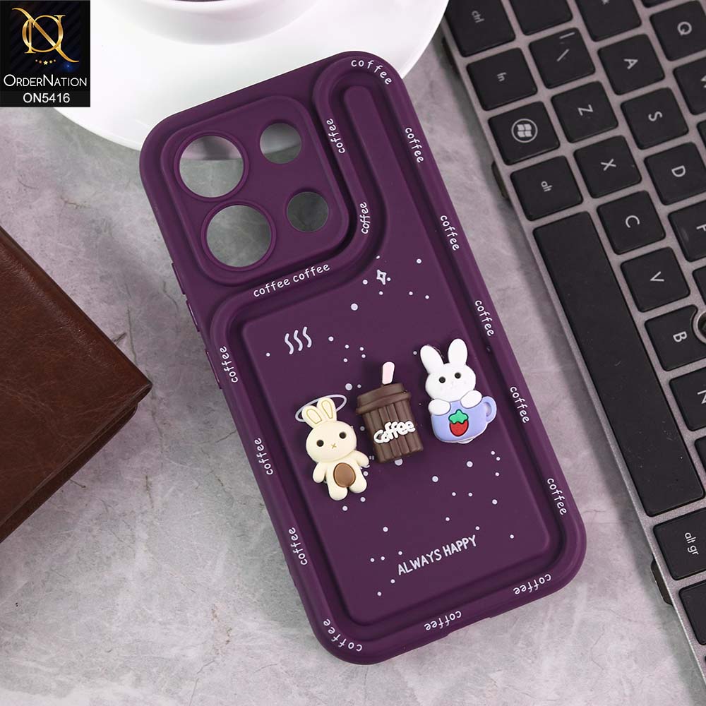Xiaomi Redmi Note 13 Cover - Purple -  Cute 3D Cartoon Coffee Soft Silicon Case With Camera Protection