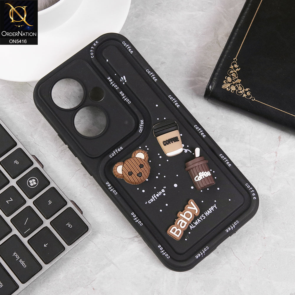 Oppo F25 Pro Cover - Black - Cute 3D Cartoon Coffee Soft Silicon Case With Camera Protection
