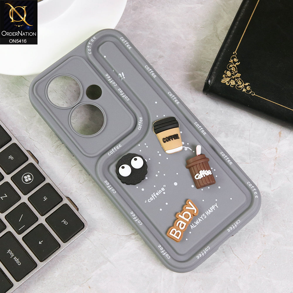 Oppo F25 Pro Cover - Gray - Cute 3D Cartoon Coffee Soft Silicon Case With Camera Protection