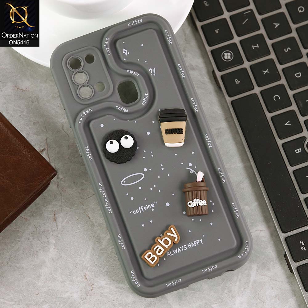 Samsung Galaxy A21s Cover - Gray -  Cute 3D Cartoon Coffee Soft Silicon Case With Camera Protection