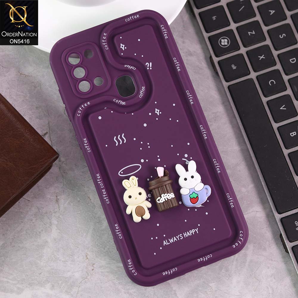 Samsung Galaxy A21s Cover - Purple -  Cute 3D Cartoon Coffee Soft Silicon Case With Camera Protection