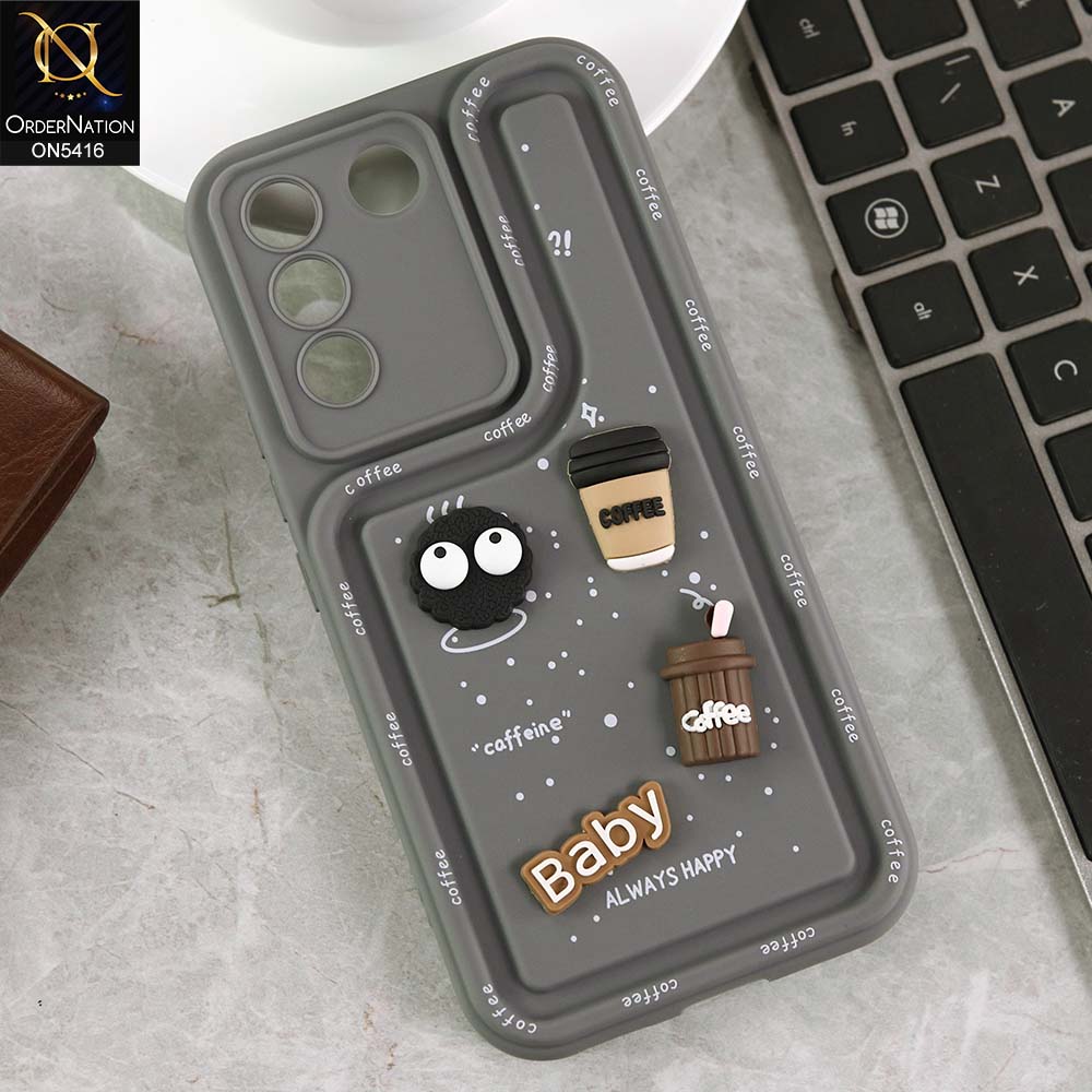 Vivo V27e Cover - Gray -  Cute 3D Cartoon Coffee Soft Silicon Case With Camera Protection