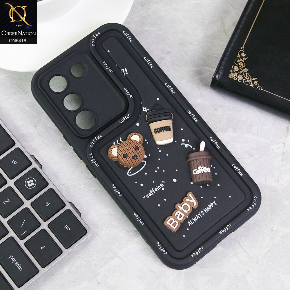 Vivo V29e Cover - Black - Cute 3D Cartoon Coffee Soft Silicon Case With Camera Protection