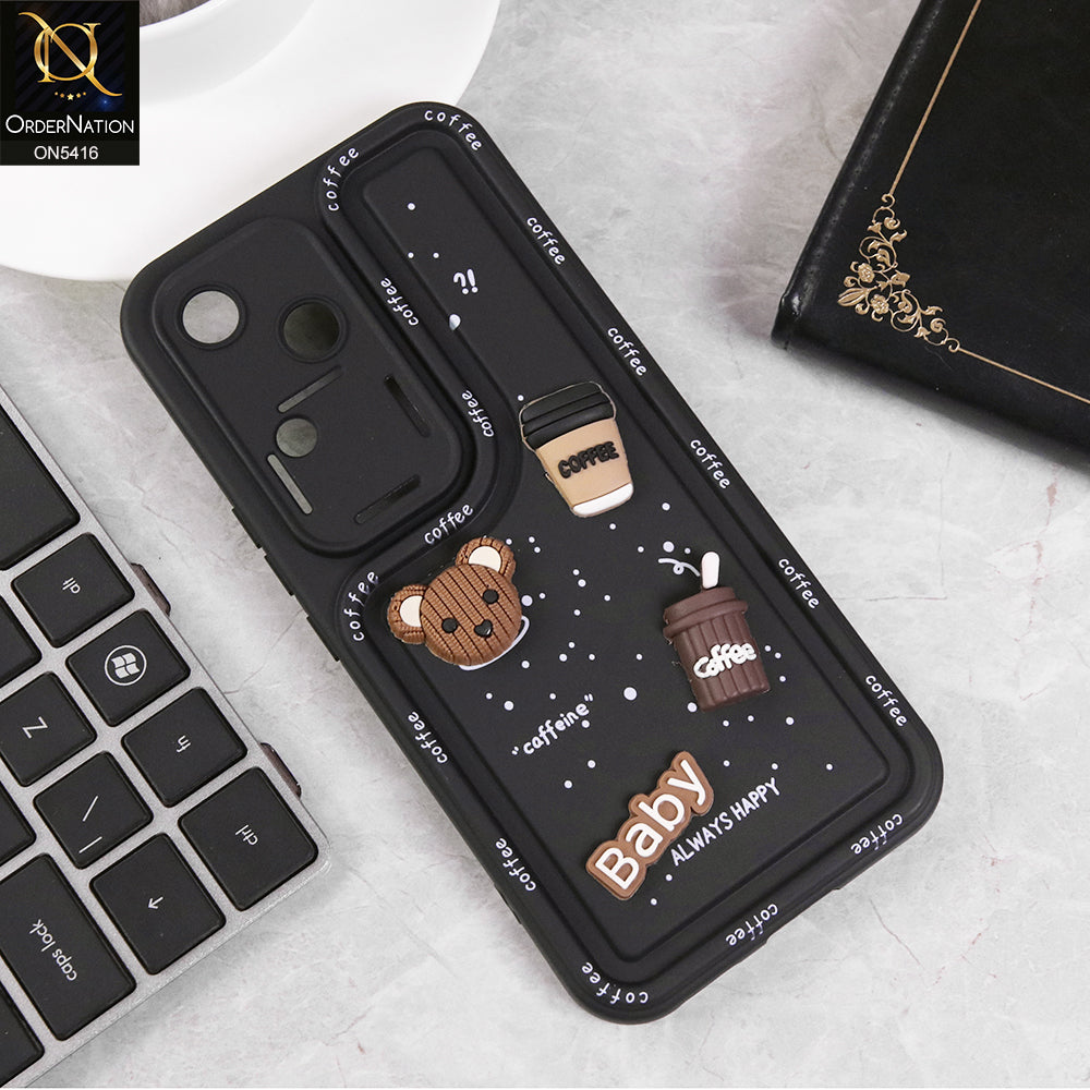 Vivo V30 Cover - Black - Cute 3D Cartoon Coffee Soft Silicon Case With Camera Protection