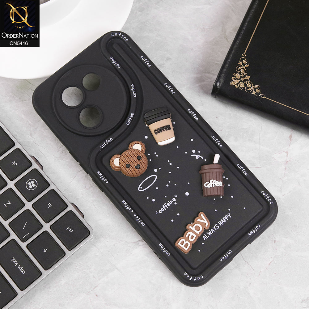 Vivo V30e Cover - Black - Cute 3D Cartoon Coffee Soft Silicon Case With Camera Protection
