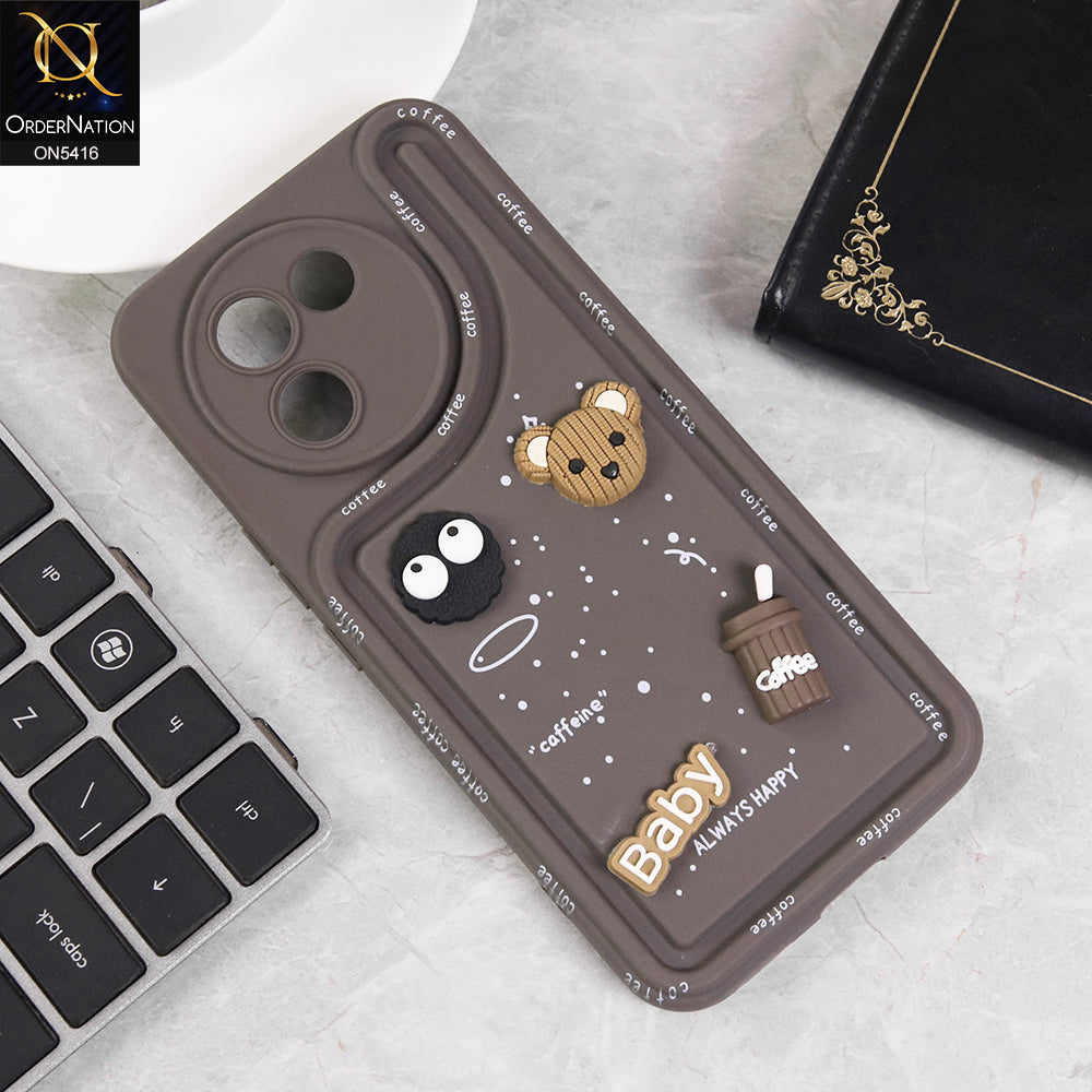 Vivo V30e Cover - Brown - Cute 3D Cartoon Coffee Soft Silicon Case With Camera Protection
