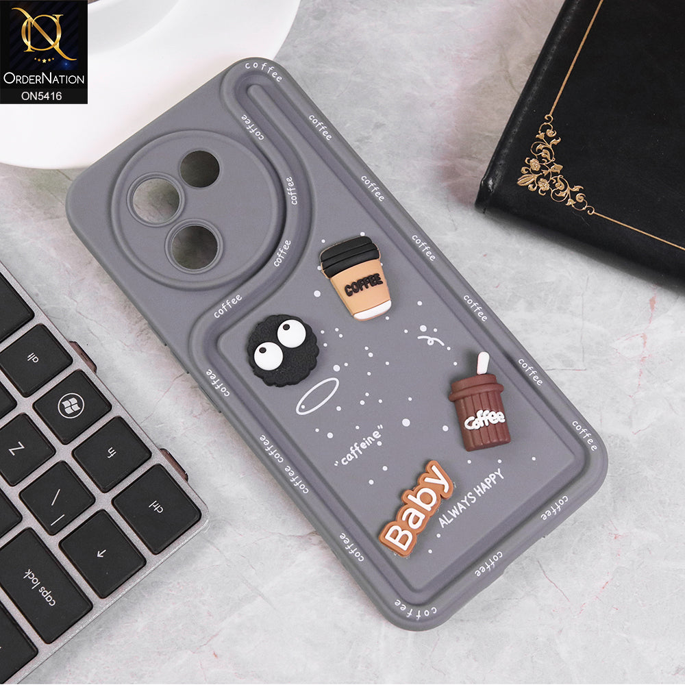 Vivo V30e Cover - Gray - Cute 3D Cartoon Coffee Soft Silicon Case With Camera Protection