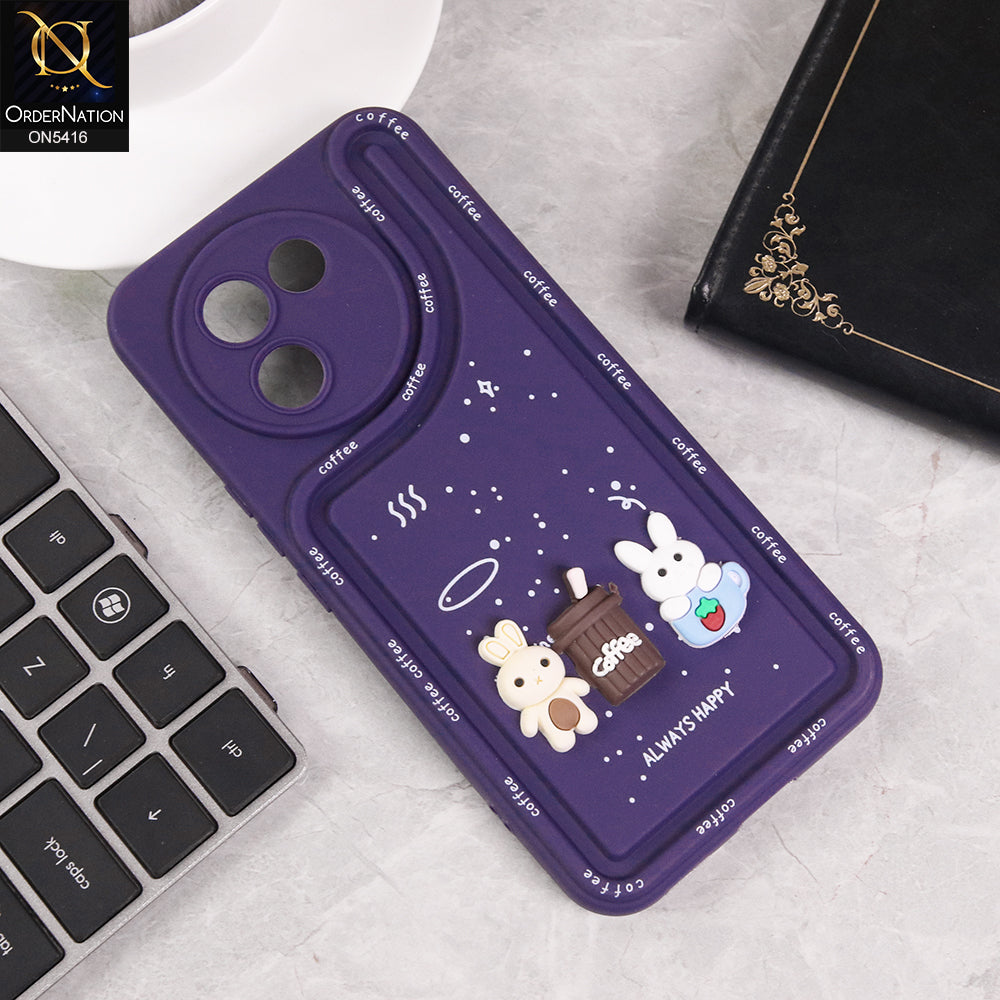 Vivo V30e Cover - Purple - Cute 3D Cartoon Coffee Soft Silicon Case With Camera Protection