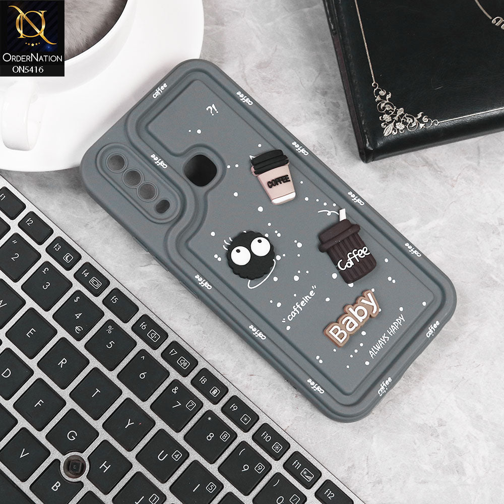 Vivo Y15 Cover - Gray -  Cute 3D Cartoon Coffee Soft Silicon Case With Camera Protection