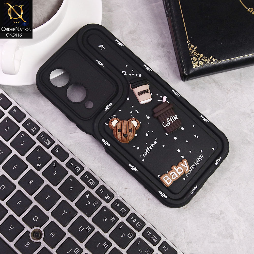 Vivo Y28 5G Cover - Black -  Cute 3D Cartoon Coffee Soft Silicon Case With Camera Protection