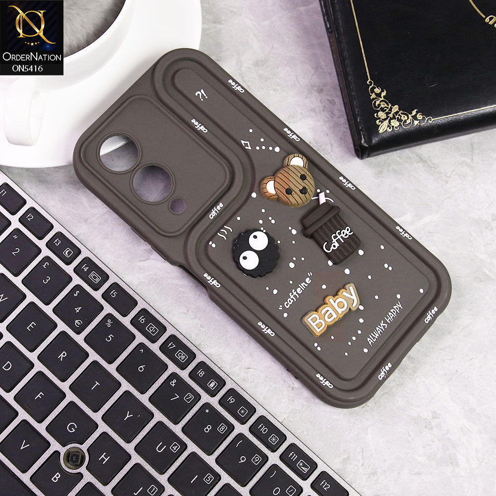 Vivo Y28 5G Cover - Brown -  Cute 3D Cartoon Coffee Soft Silicon Case With Camera Protection
