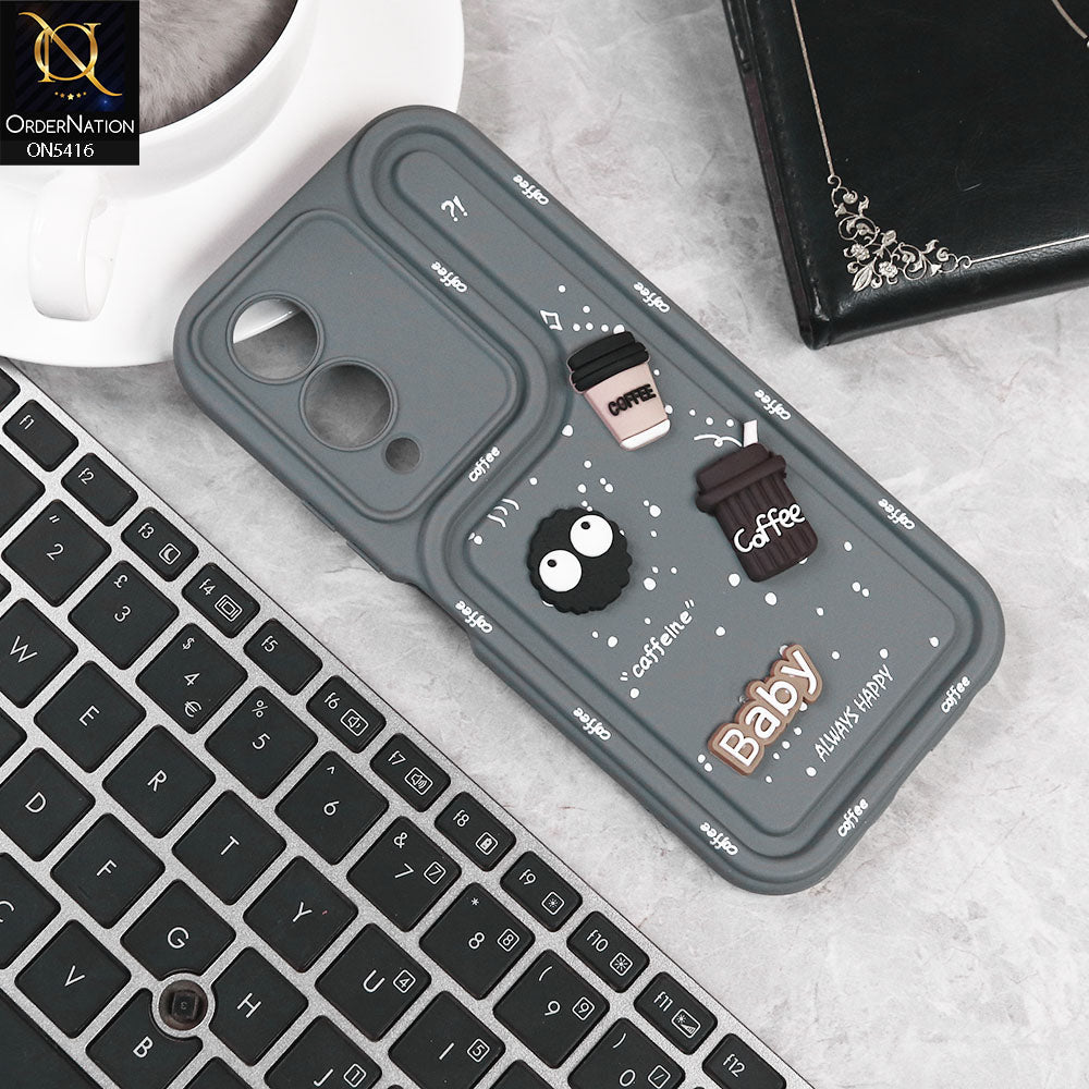 Vivo Y28 5G Cover - Gray -  Cute 3D Cartoon Coffee Soft Silicon Case With Camera Protection