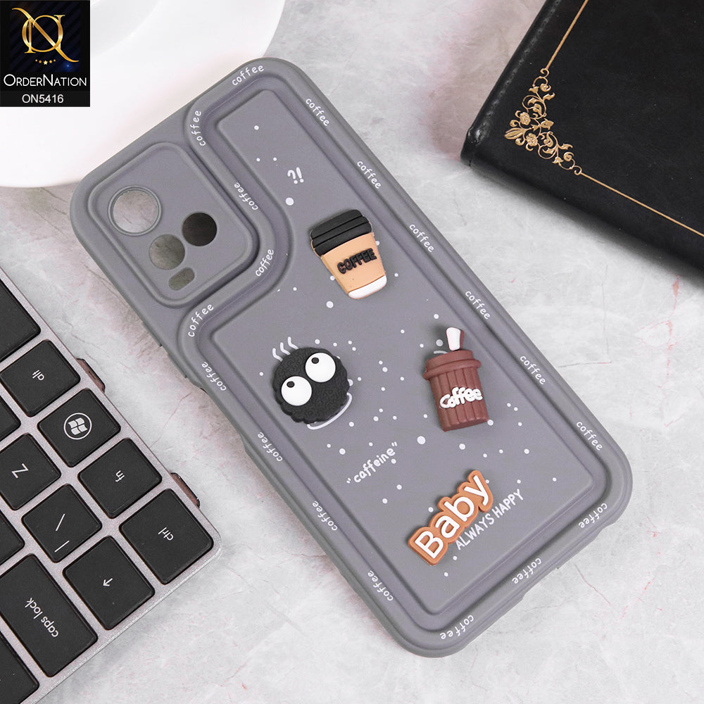 Vivo Y21 Cover - Gray - Cute 3D Cartoon Coffee Soft Silicon Case With Camera Protection