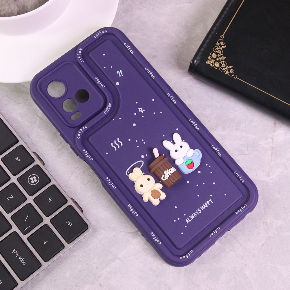 Vivo Y21e Cover - Purple - Cute 3D Cartoon Coffee Soft Silicon Case With Camera Protection